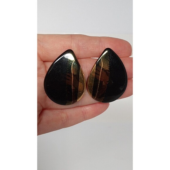 Southwest Bohemian Black & Gold Ceramic Teardrop Earrings Post 2 3/4 inch - Picture 5 of 9